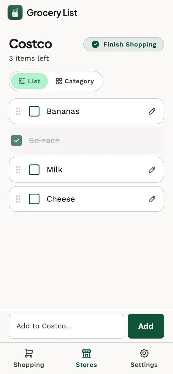 Costco list with items to check off, one already bought, and a field to add items