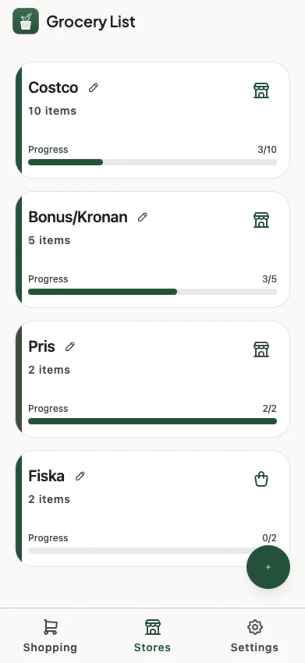 Store dashboard with Costco, Bonus/Kronan, Pris, and Fiska, each showing a progress bar