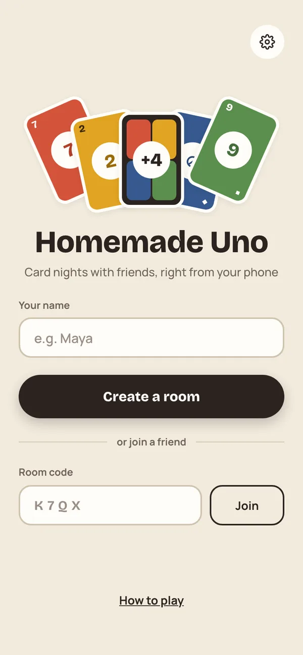 Homemade Uno home screen with options to create a room or join with a room code