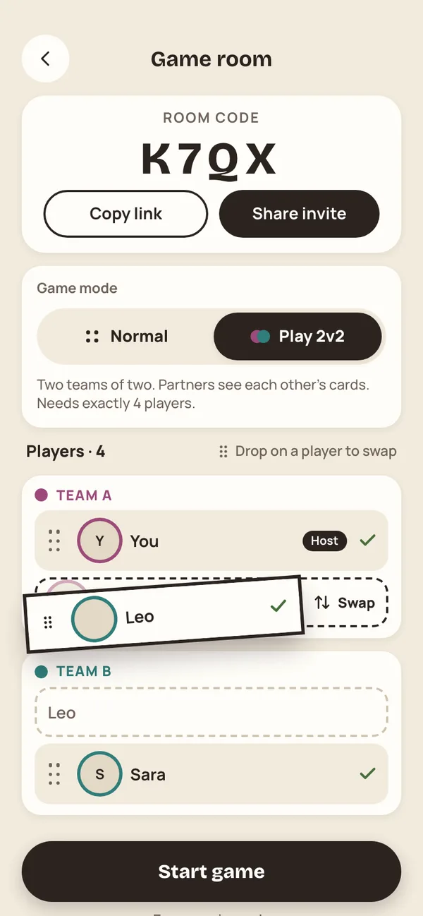 Game room in 2v2 mode with a player being dragged to swap teams