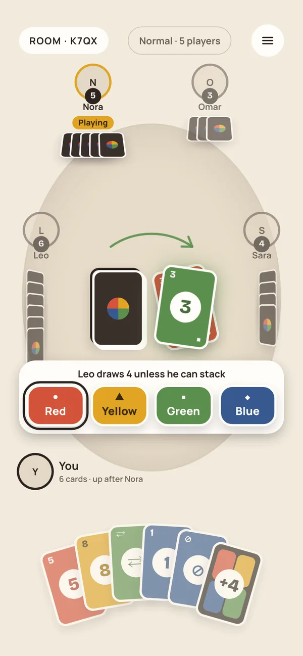 Color picker shown after a +4, with the next player drawing 4 unless they can stack