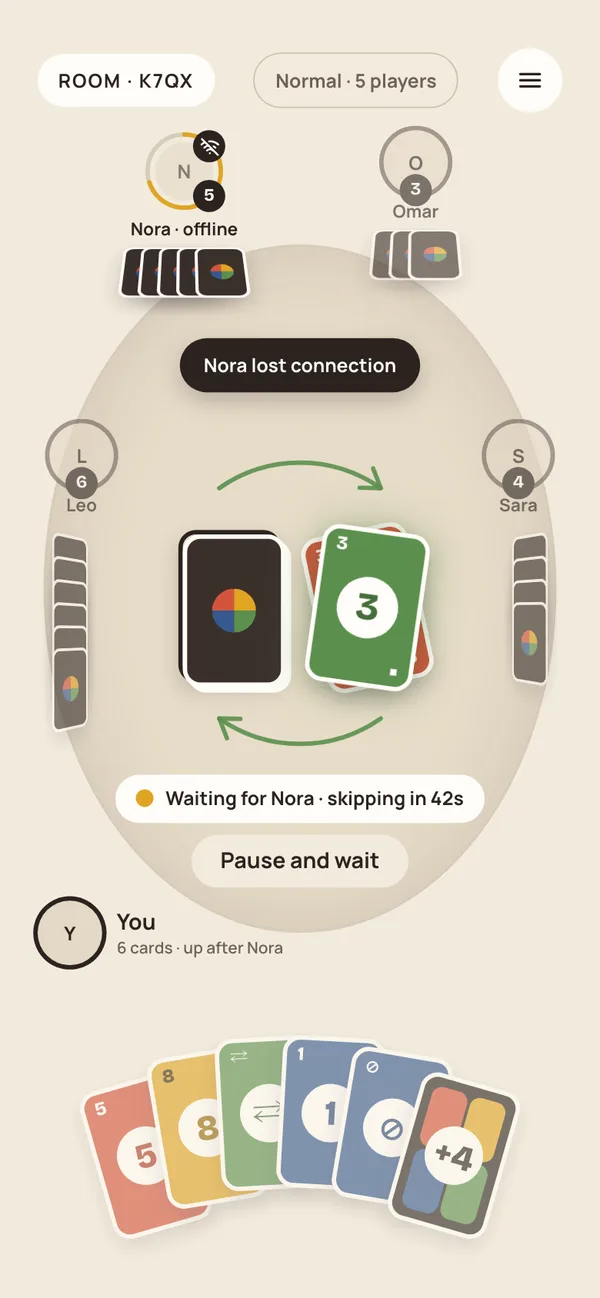 Table showing that Nora lost connection, with a countdown before her turn is skipped