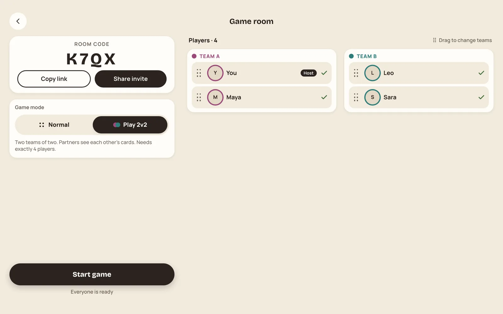 Game room on a wide screen with Play 2v2 selected and players split into Team A and Team B